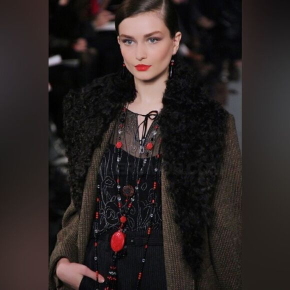 Ralph Lauren Fall 2011 Runway Olive Plaid Wool Tweed Shearling Collar Wrap Coat - Picture 9 of 16